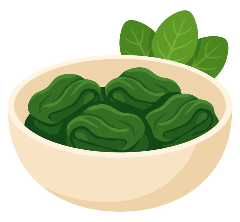 bowl of fresh cooked spinach leaves, healthy green vegetable side dish, nutritious food illustration