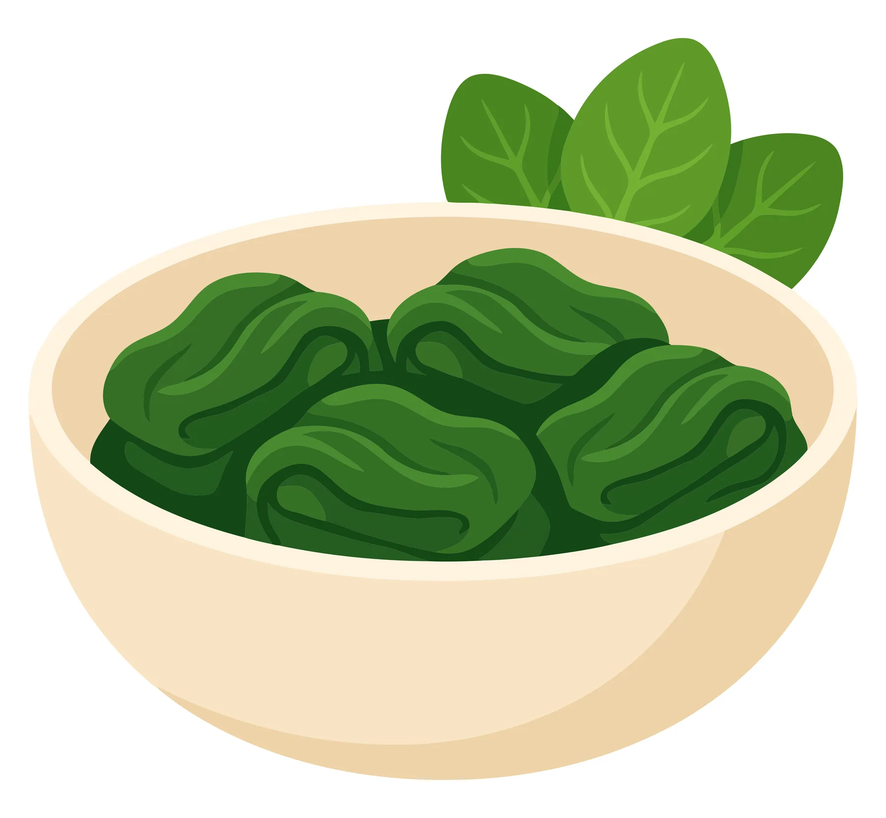 bowl of fresh cooked spinach leaves, healthy green vegetable side dish, nutritious food illustration