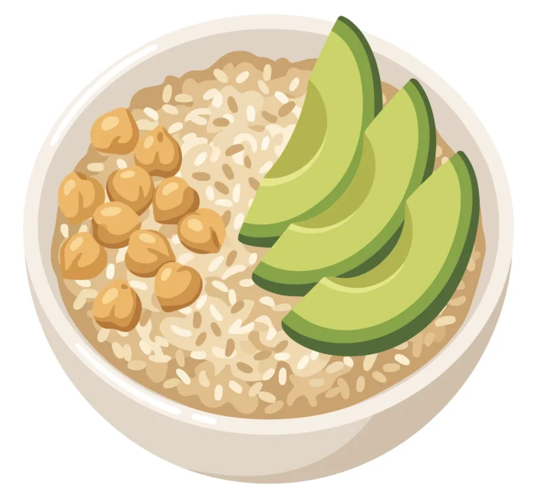 bowl of grains with chickpeas and avocado slices