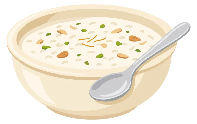 bowl of kheer, a traditional indian rice pudding dessert garnished with almonds, pistachios, and saffron strands, served with a silver spoon