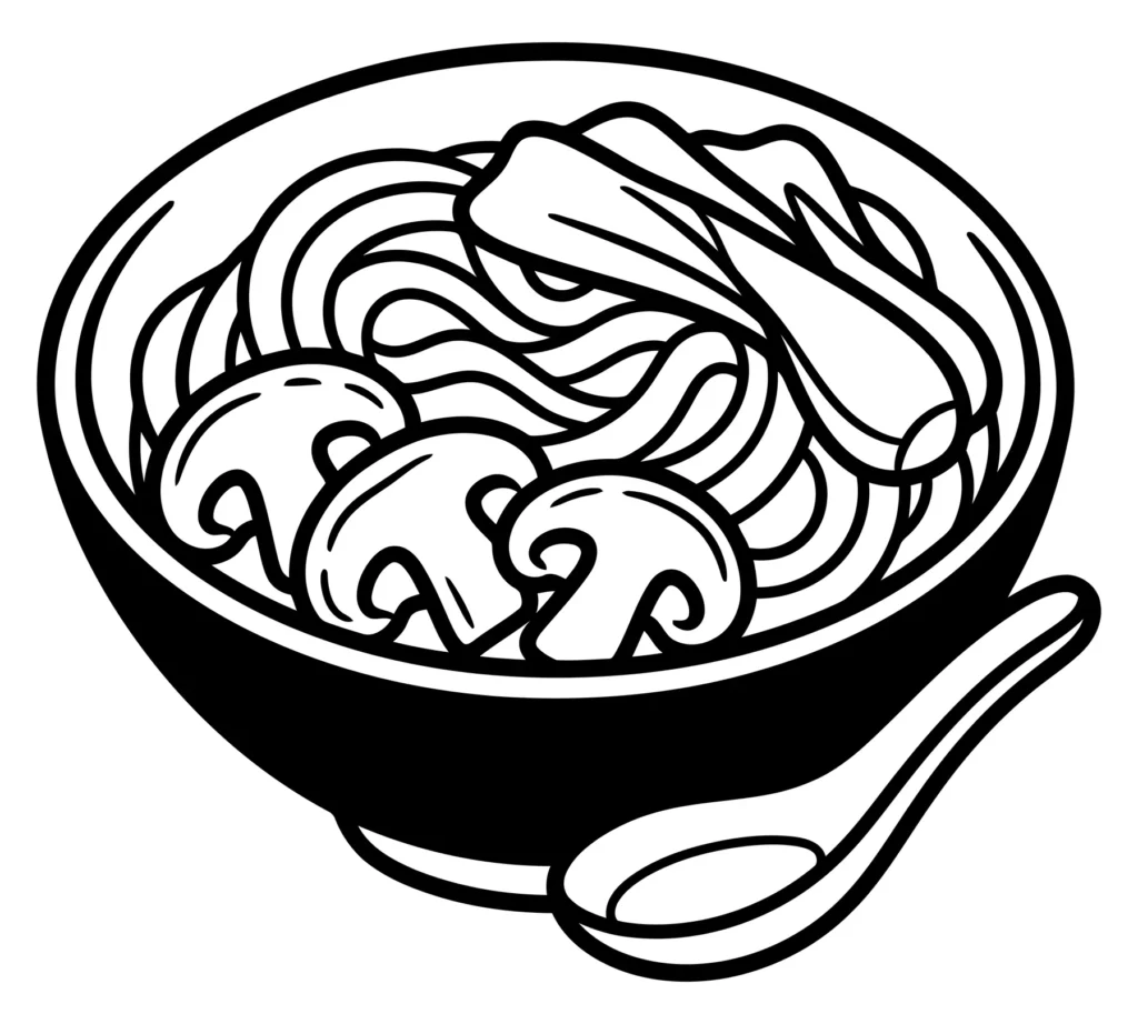 bowl of noodles with mushrooms and bok choy vector illustration