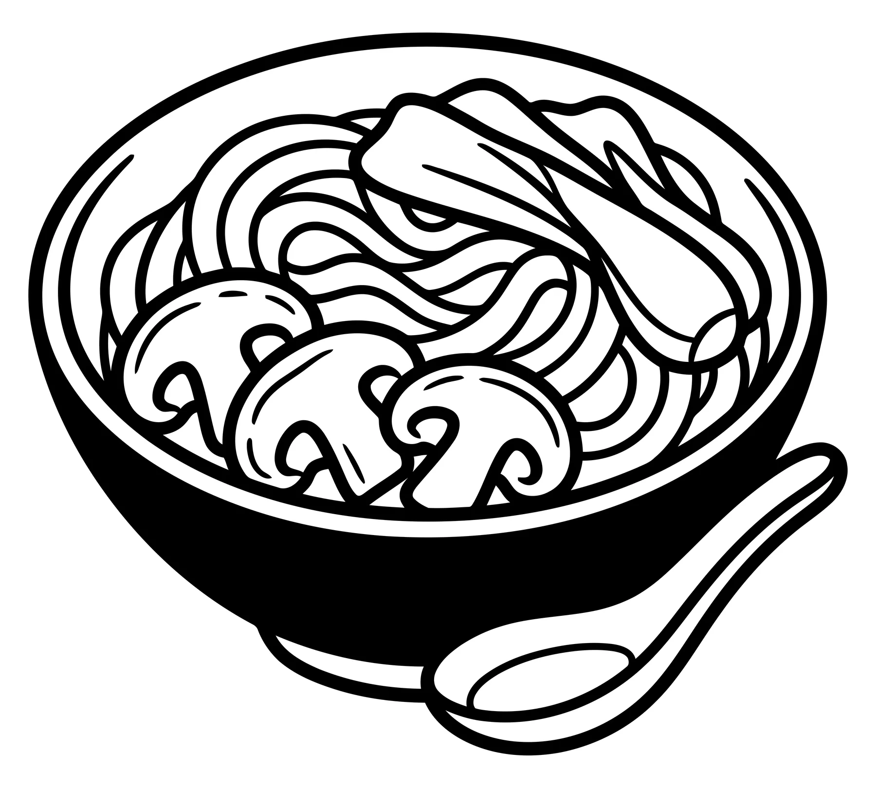 Black and white vector illustration of noodle bowl with mushrooms and bok choy