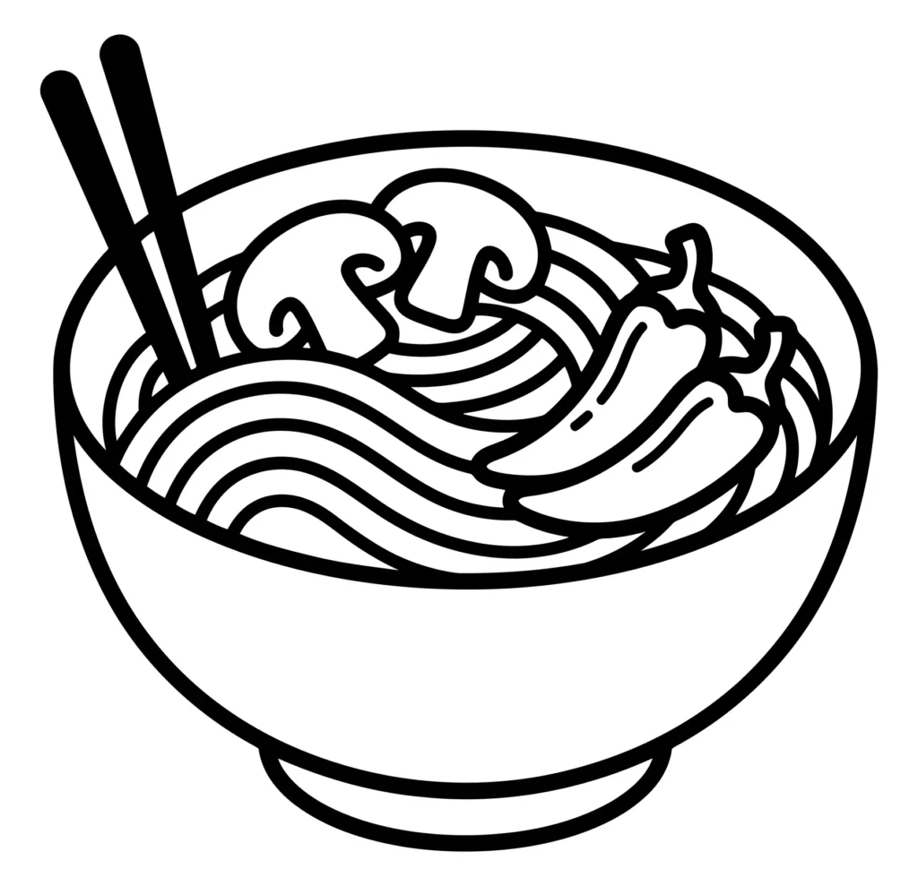 bowl of noodles with mushrooms and chili peppers outline vector illustration