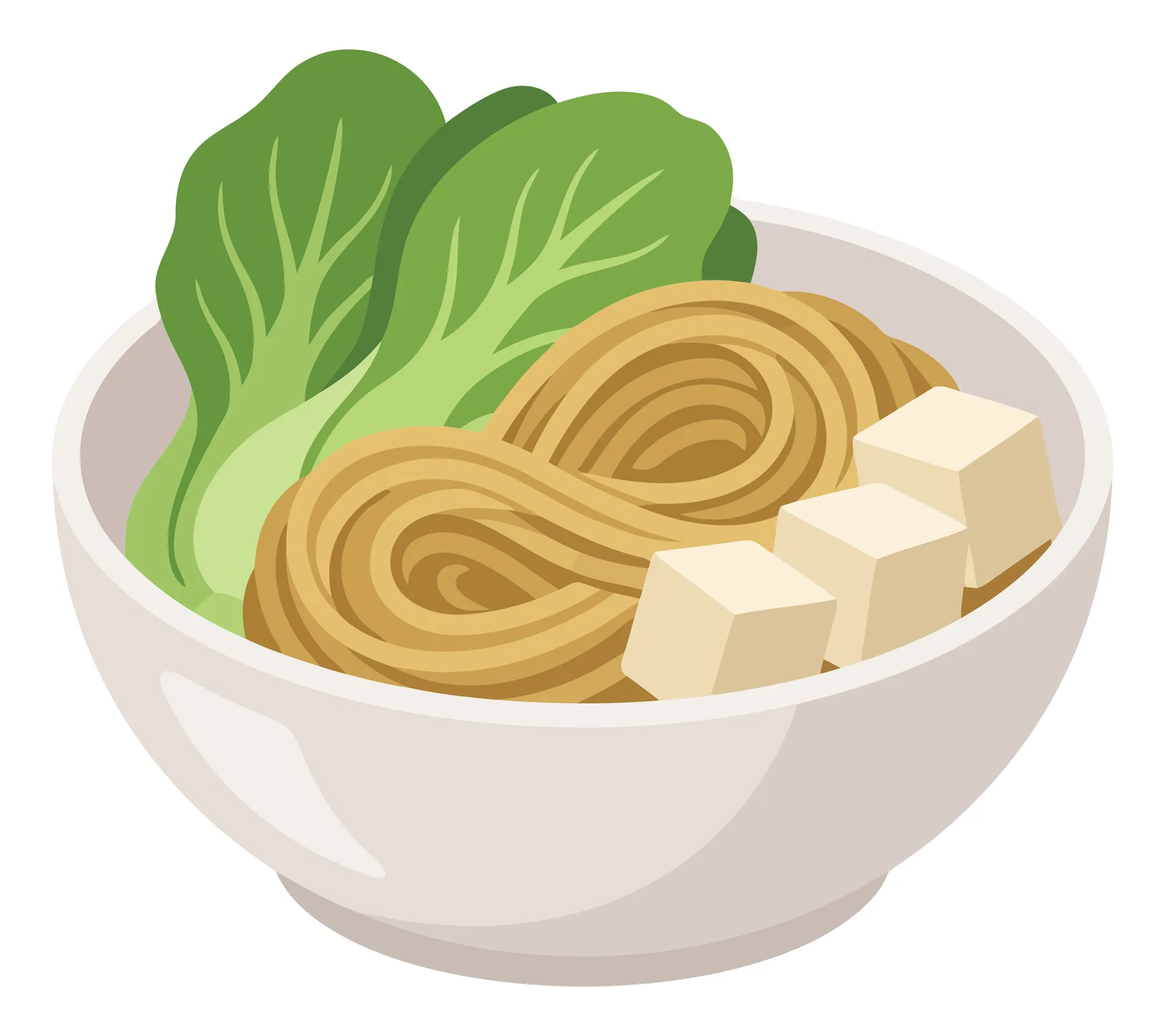 Vector illustration of noodles with tofu and bok choy in a bowl