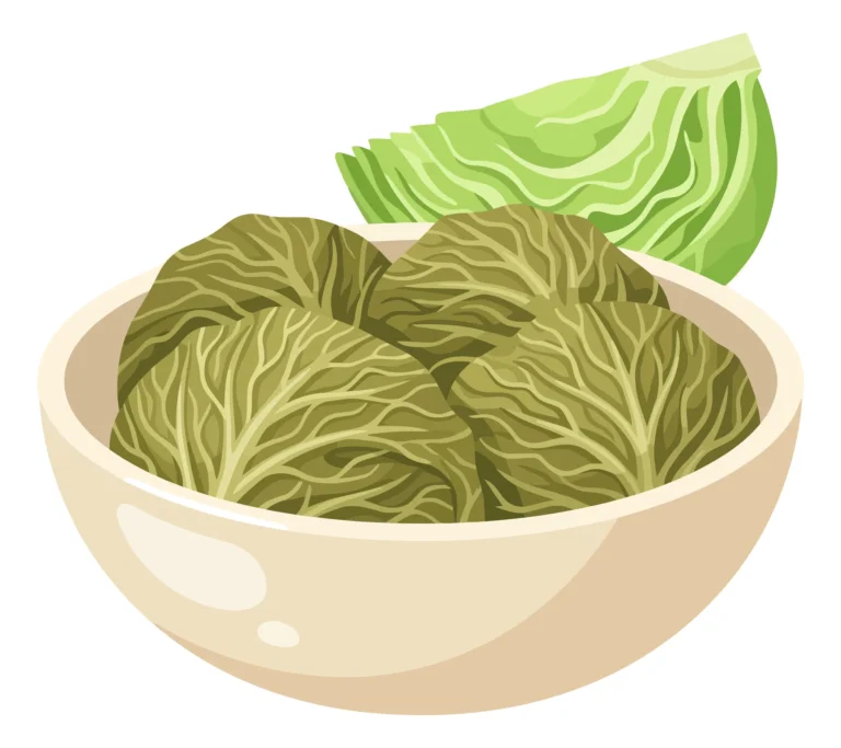 bowl of stuffed cabbage rolls, traditional dish with meat and rice wrapped in green leaves, healthy vegetable meal, flat vector illustration