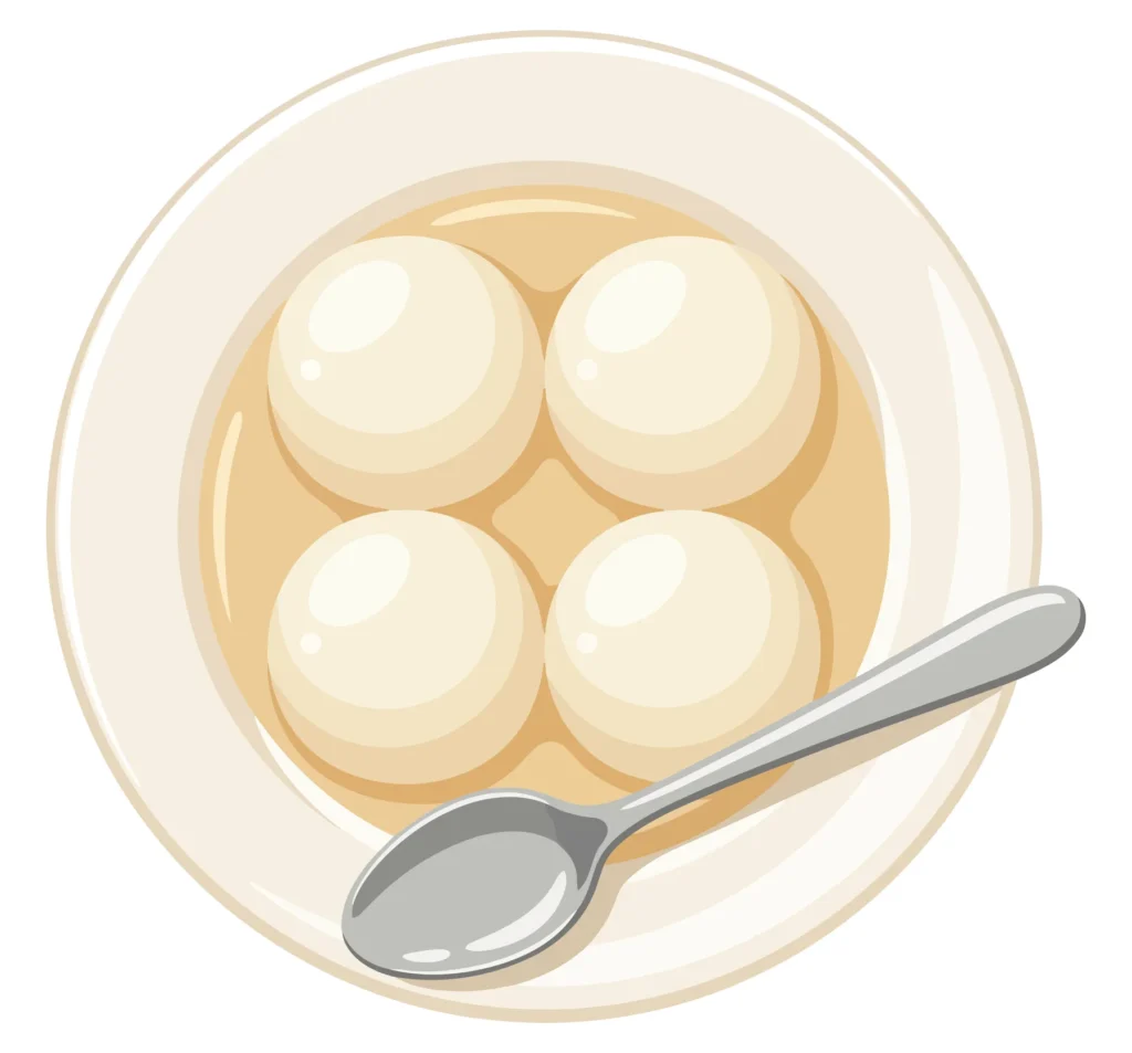 bowl of sweet soup with mochi rice balls and spoon isolated on white background