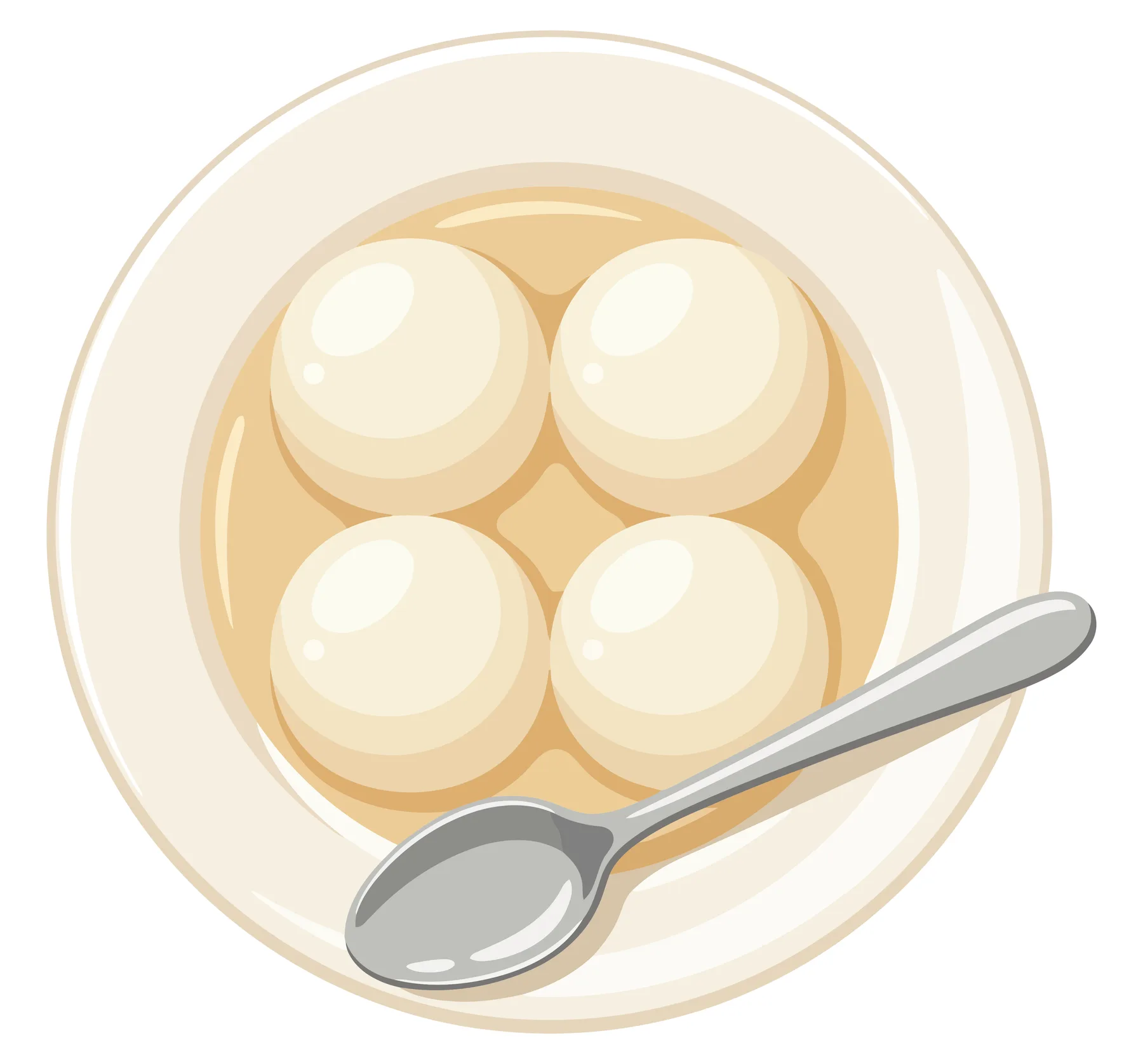 bowl of sweet soup with mochi rice balls and spoon isolated on white background
