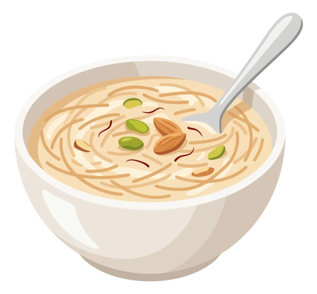 bowl of sweet vermicelli pudding or sheer khurma garnished with almonds, pistachios, and saffron strands, a traditional dessert served with