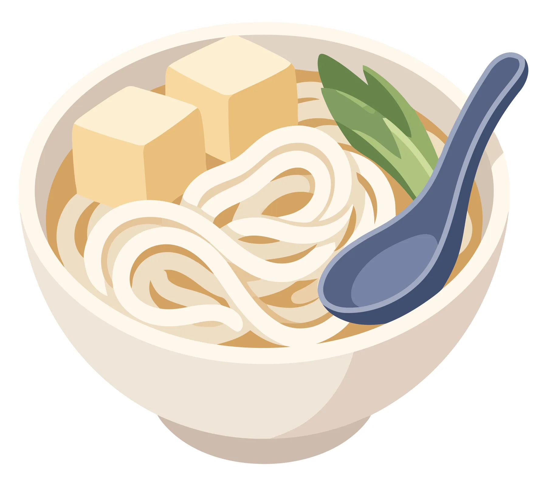Illustrated Bowl of Udon Noodles with Tofu and Chopsticks