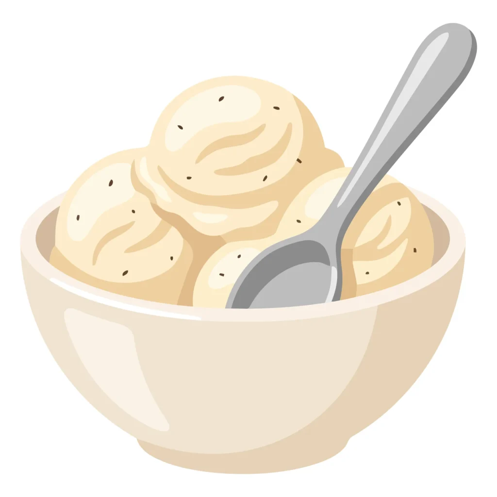 bowl of vanilla ice cream with black vanilla bean specks and a silver spoon, delicious frozen dessert illustration