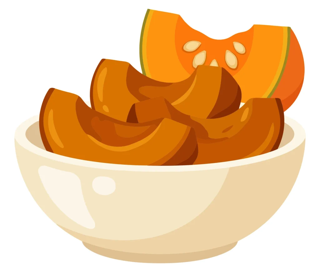 bowl with sliced pumpkin pieces, fresh orange vegetable wedges for cooking, healthy autumn food illustration