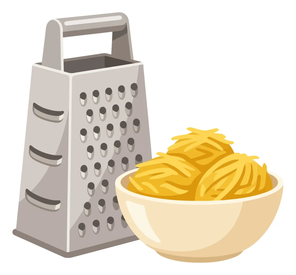 box grater and bowl of grated cheese isolated on white background