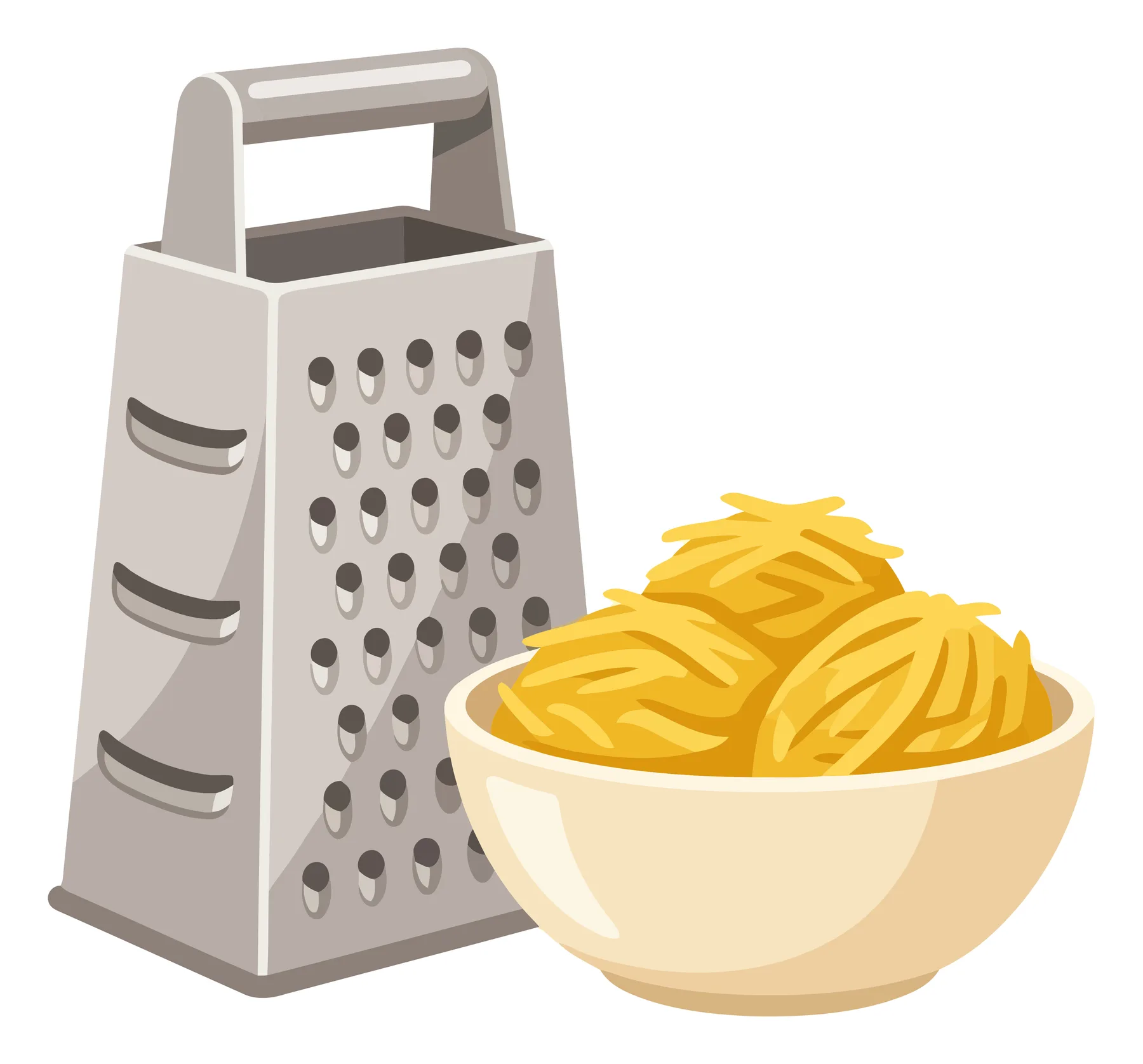 box grater and bowl of grated cheese isolated on white background