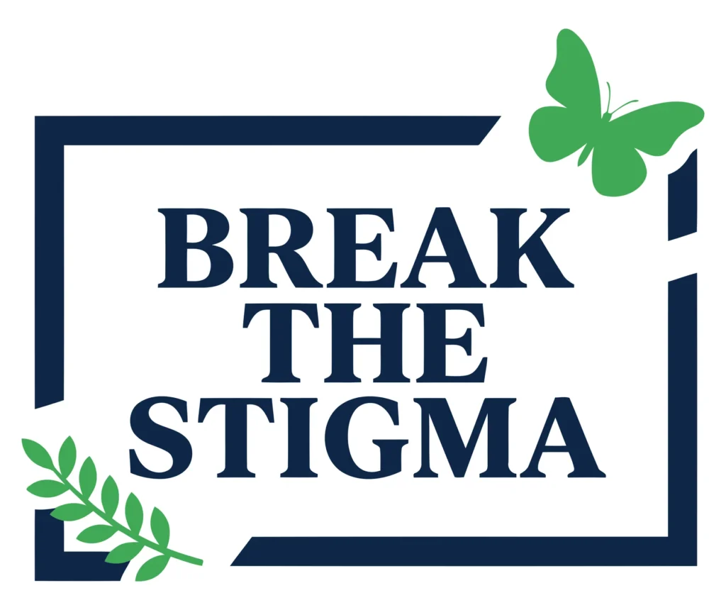 break the stigma mental health awareness typography logo with butterfly and leaves
