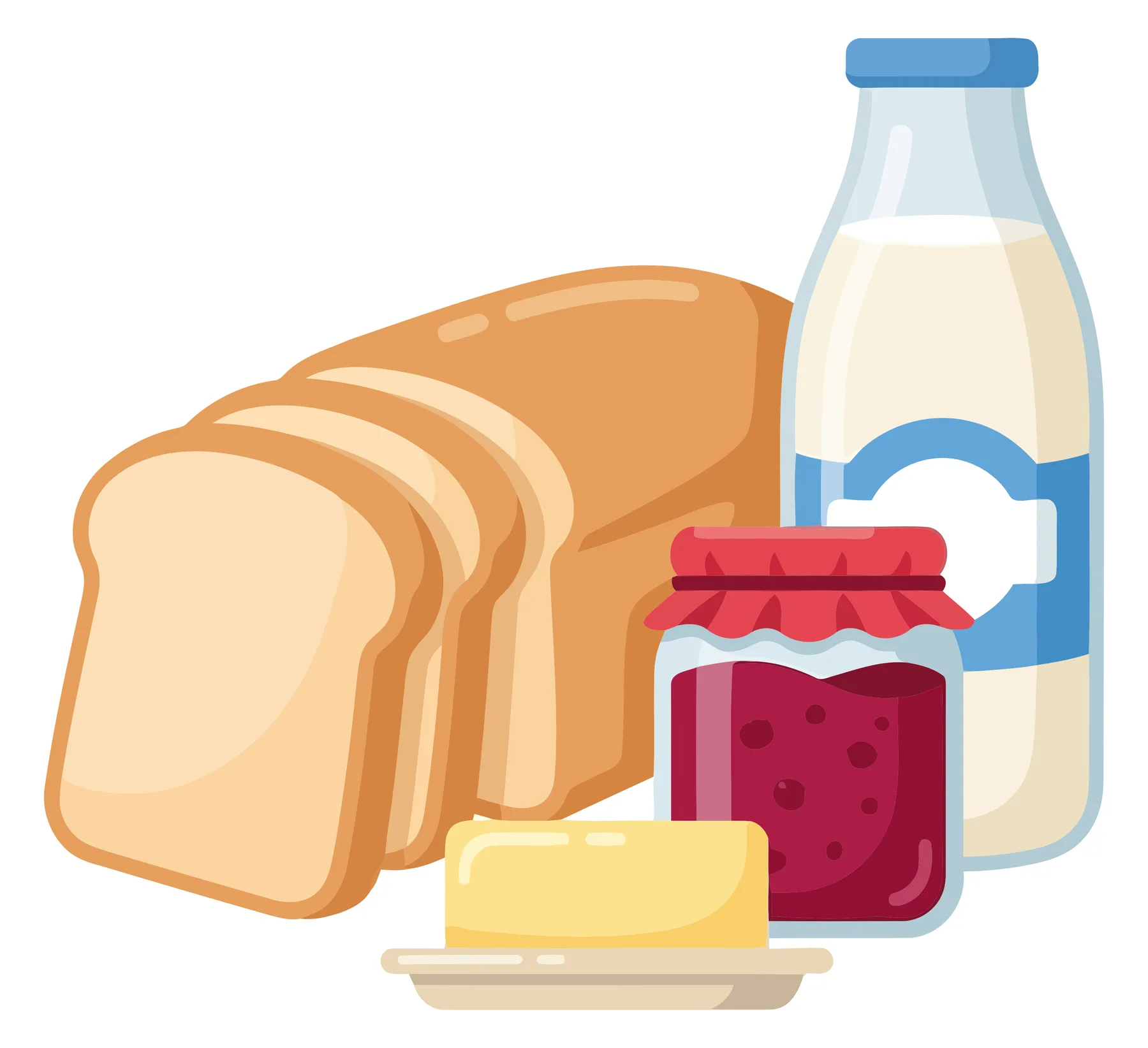 Breakfast Food Set with Bread, Milk, Jam, and Butter