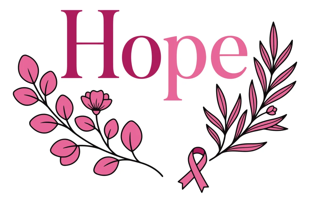 breast cancer awareness design with hope text, floral branches, and pink ribbon