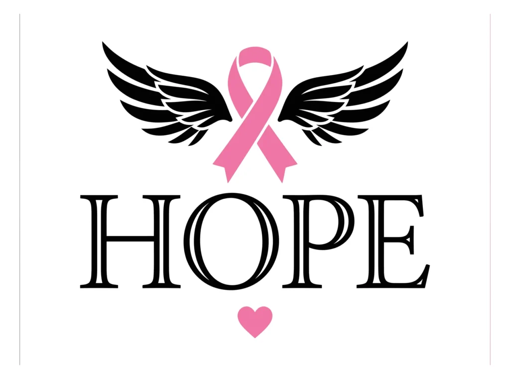 breast cancer awareness design with pink ribbon, angel wings, and hope text