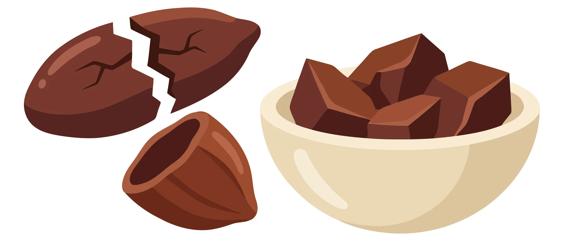 broken cocoa pod and bowl with chocolate chunks vector illustration