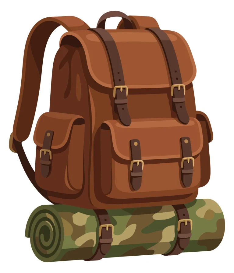 brown leather backpack with bedroll