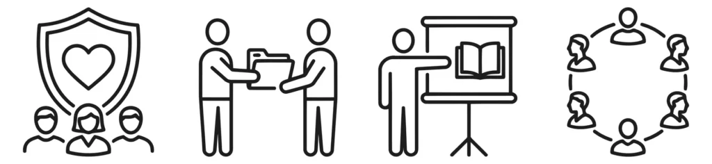 business and human resources line icons featuring team protection, document transfer, presentation, and networking