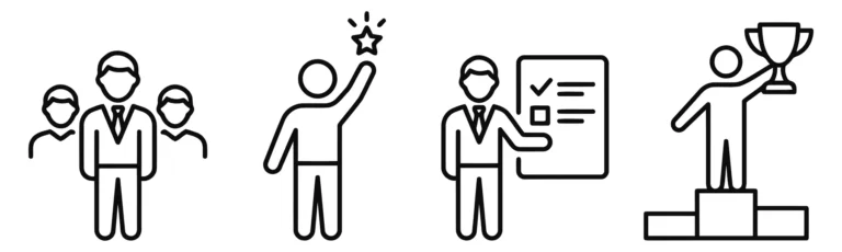 business and success icons featuring team, person with star, professional with checklist, and winner on podium