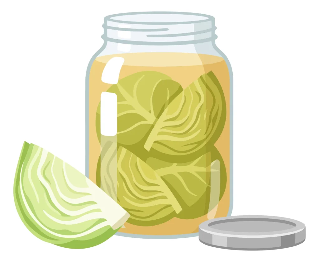 cabbage in a glass jar with a metal lid and a fresh cabbage wedge isolated on white background