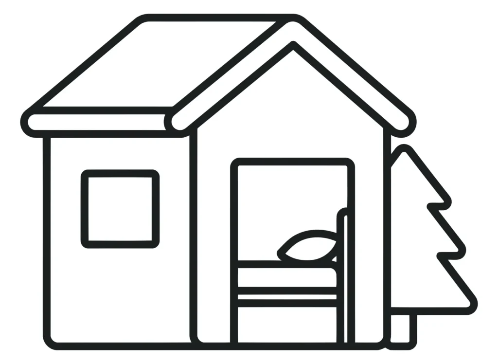 cabin or small house icon with tree, accommodation symbol