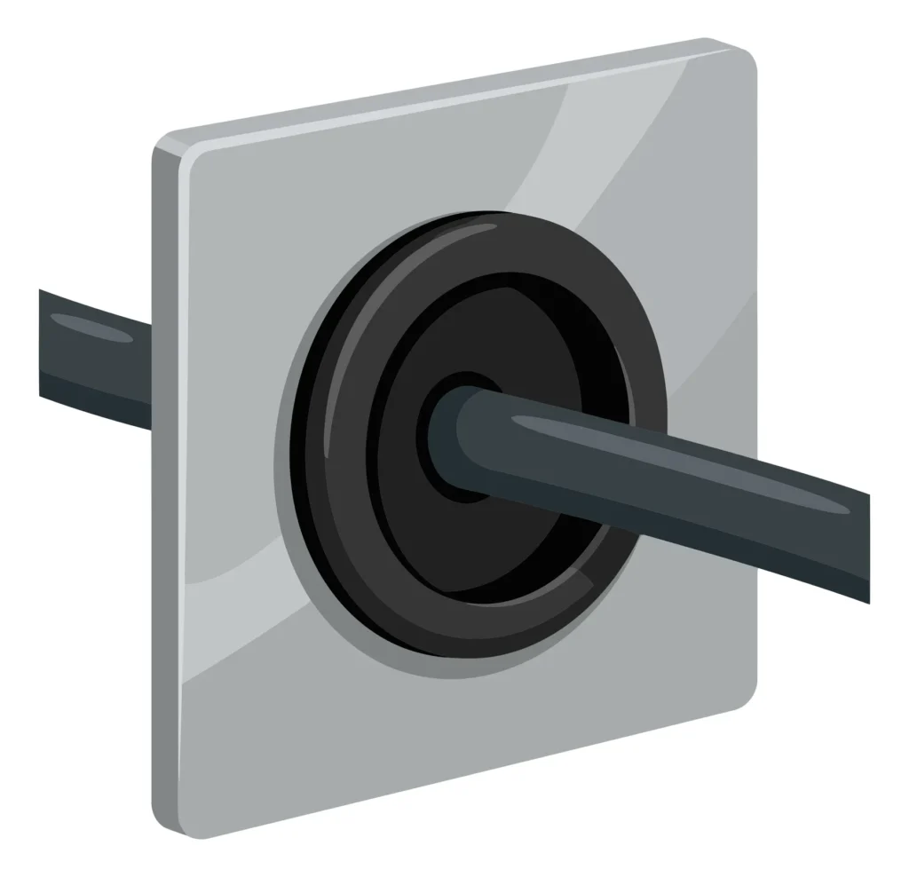 cable passing through a rubber grommet in a metal panel