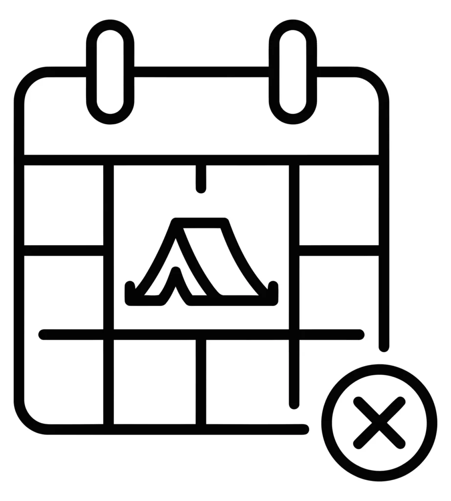 calendar icon with a tent symbol and a cross mark, representing a canceled camping trip or booking