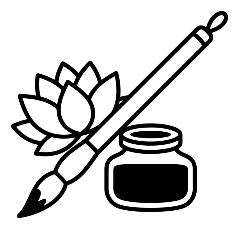 calligraphy brush, ink pot, and lotus flower icon