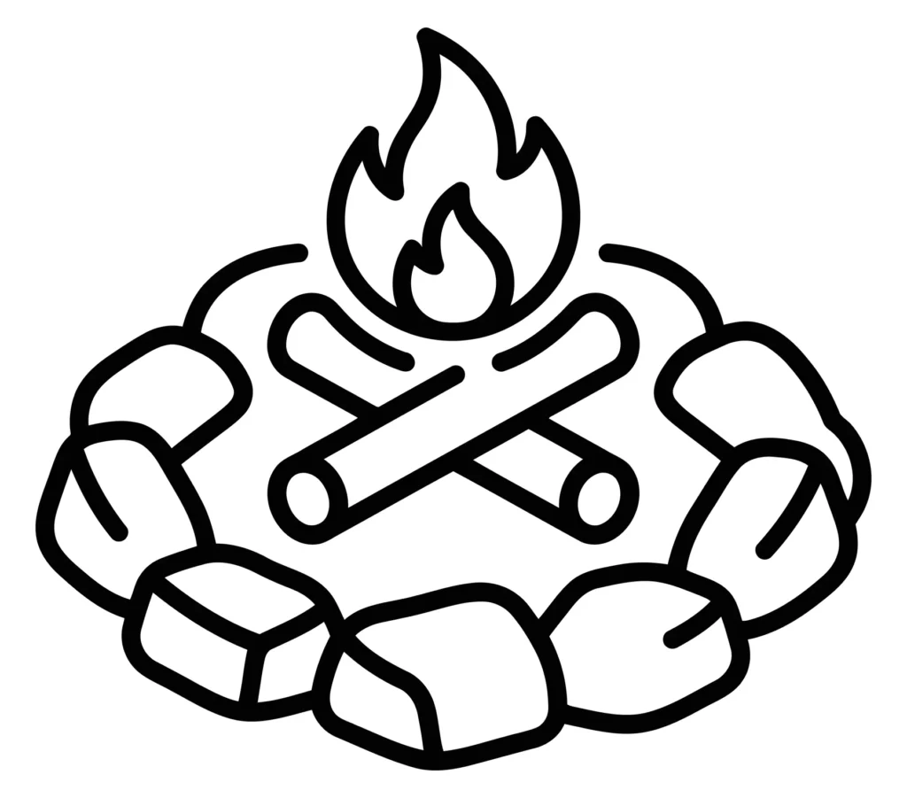 campfire icon with burning logs surrounded by stones