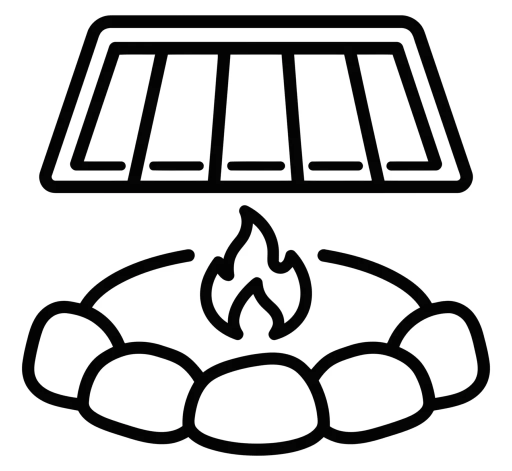 campfire icon with grill grate for outdoor cooking and camping activities