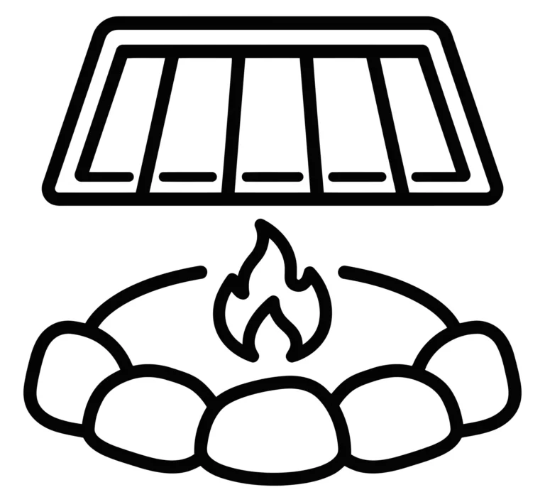 campfire icon with grill grate for outdoor cooking and camping activities