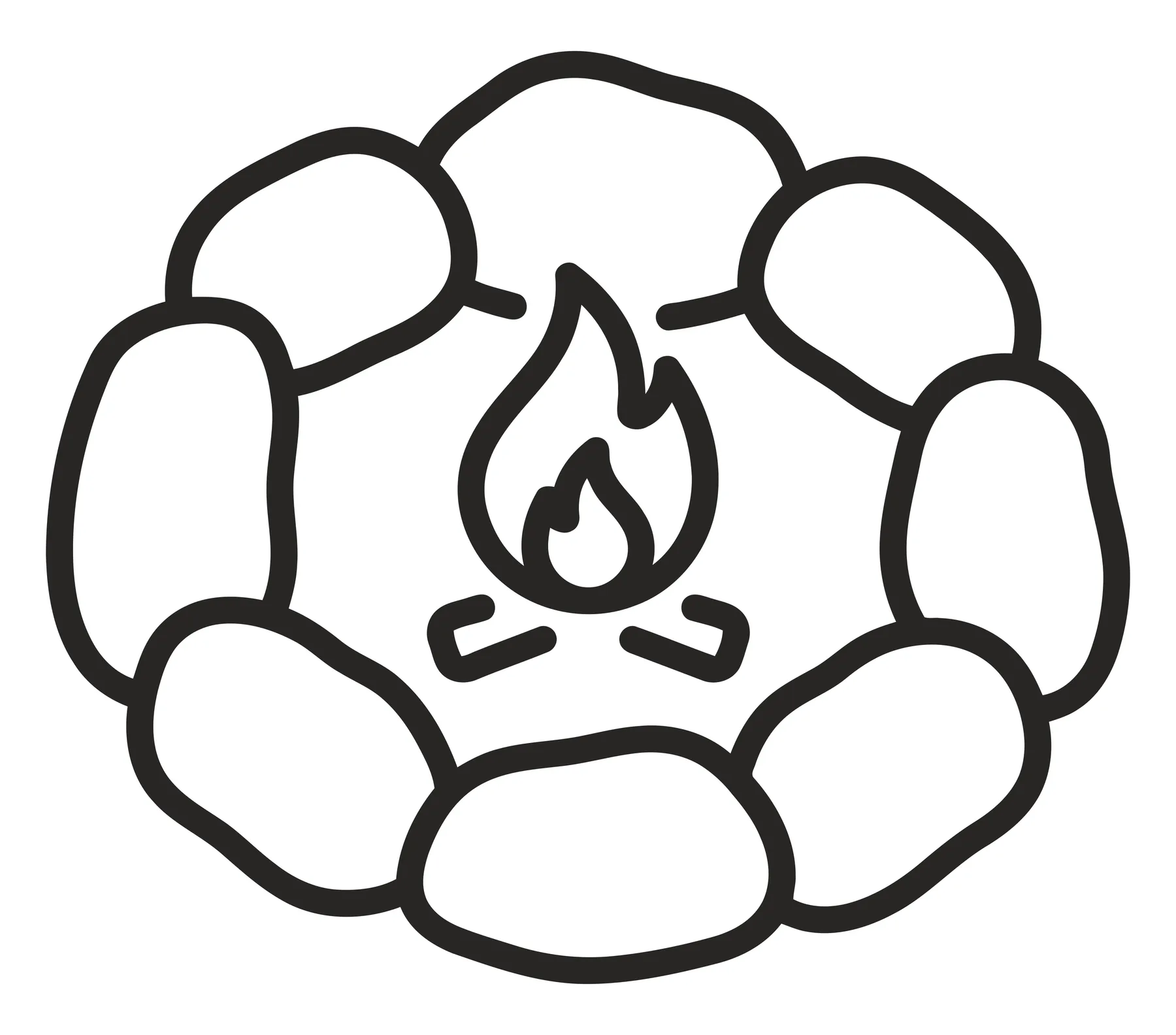 Minimalist campfire icon with stone circle
