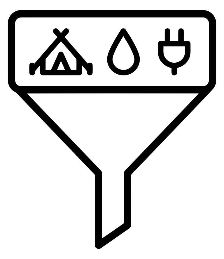Camping Amenities Filter Icon Set with Tent, Water, and Electricity Symbols