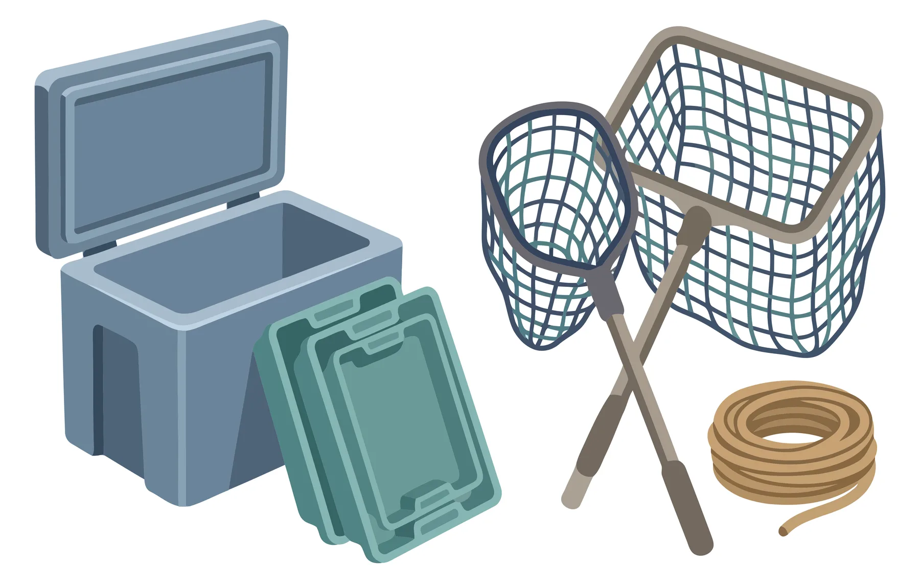 camping cooler box, fishing nets, and coiled rope