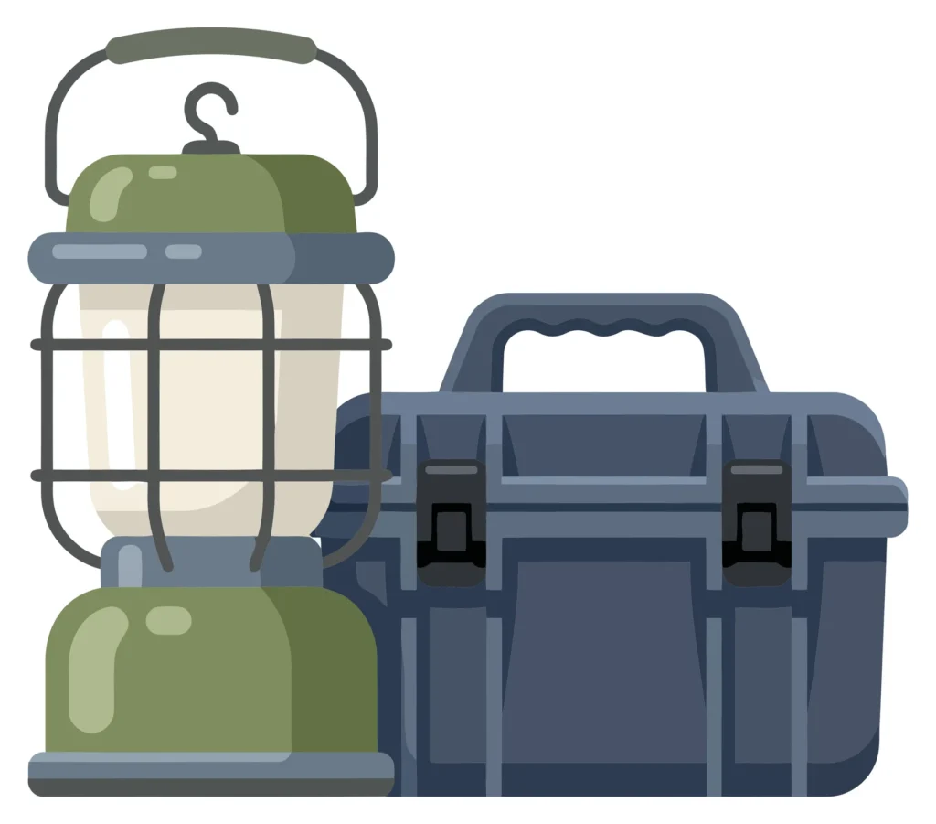 camping lantern and a blue tool box isolated on white background