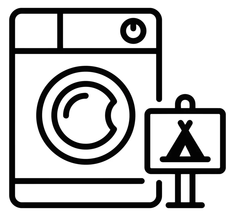 Camping Laundry Service Icon with Washing Machine and Tent Sign