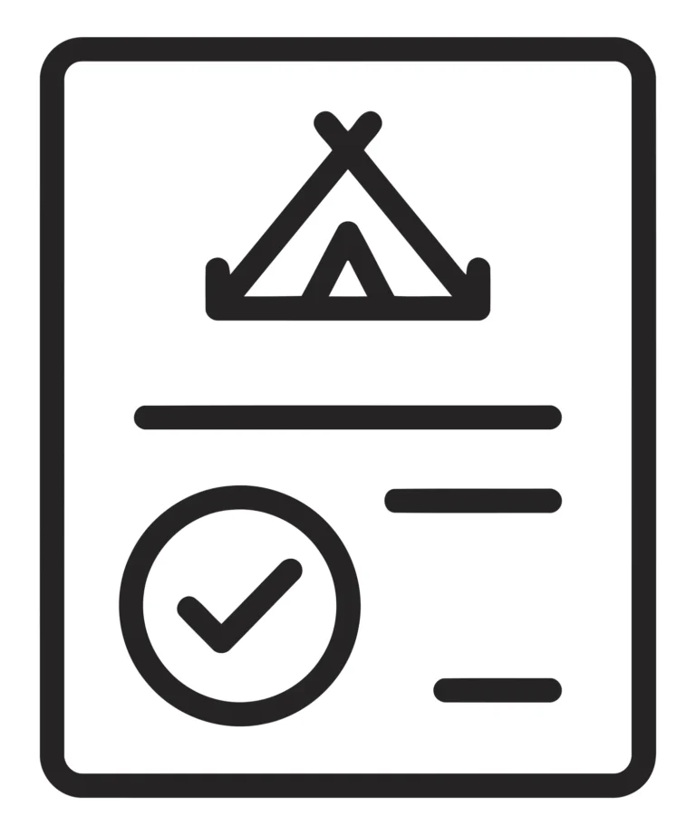 camping reservation icon, document with tent and check mark symbol
