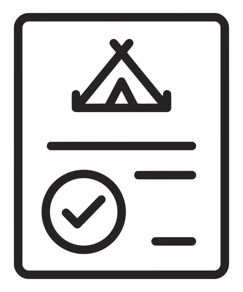 camping reservation icon, document with tent and check mark symbol