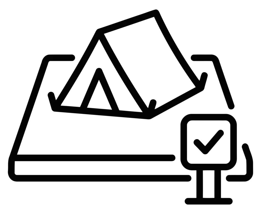 camping site reservation icon, tent on a plot with a checkmark sign