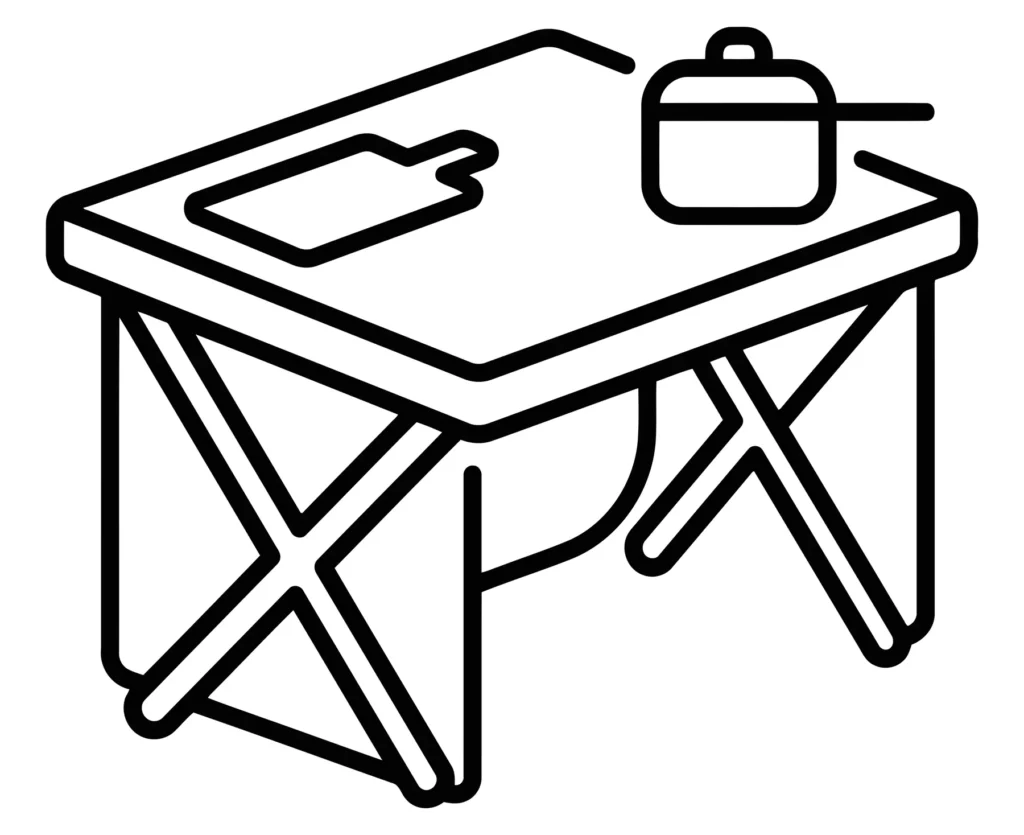 camping table with cooking pot and cutting board icon