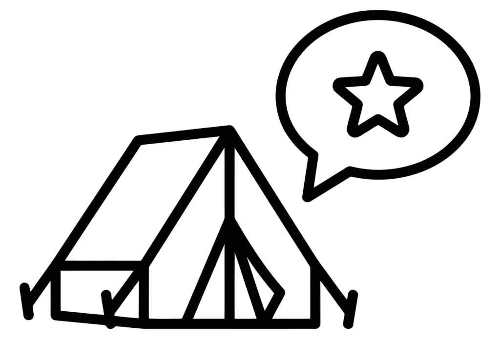 camping tent icon with a star symbol in a speech bubble