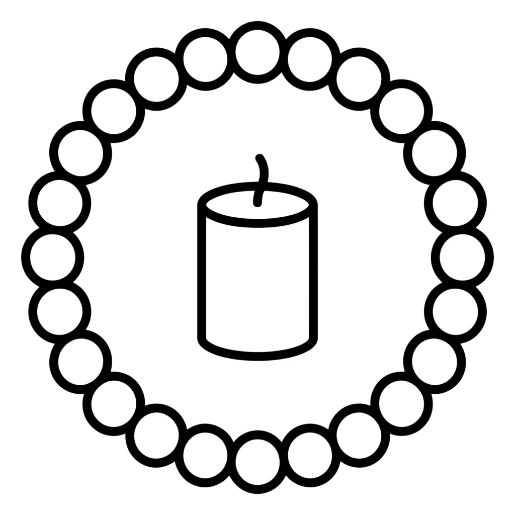 candle surrounded by a circular bead frame