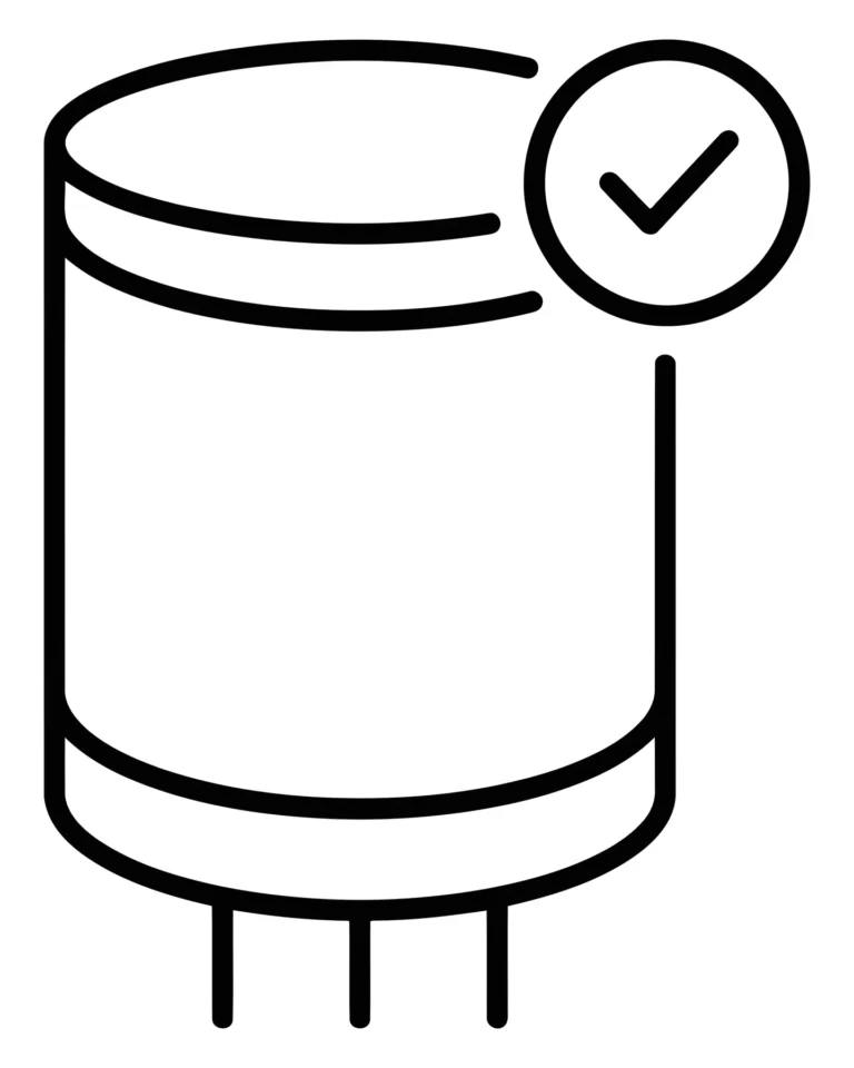 capacitor icon with check mark, electronic component symbol for circuit design