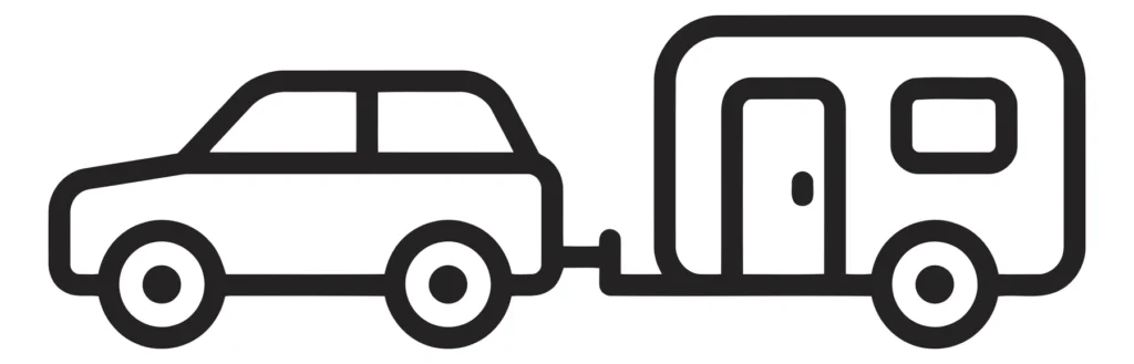 car towing a travel trailer or caravan, representing road trip, camping, and outdoor adventure