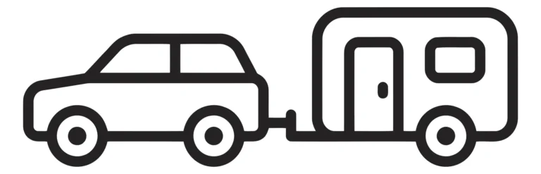 car towing a travel trailer or caravan, representing road trip, camping, and outdoor adventure