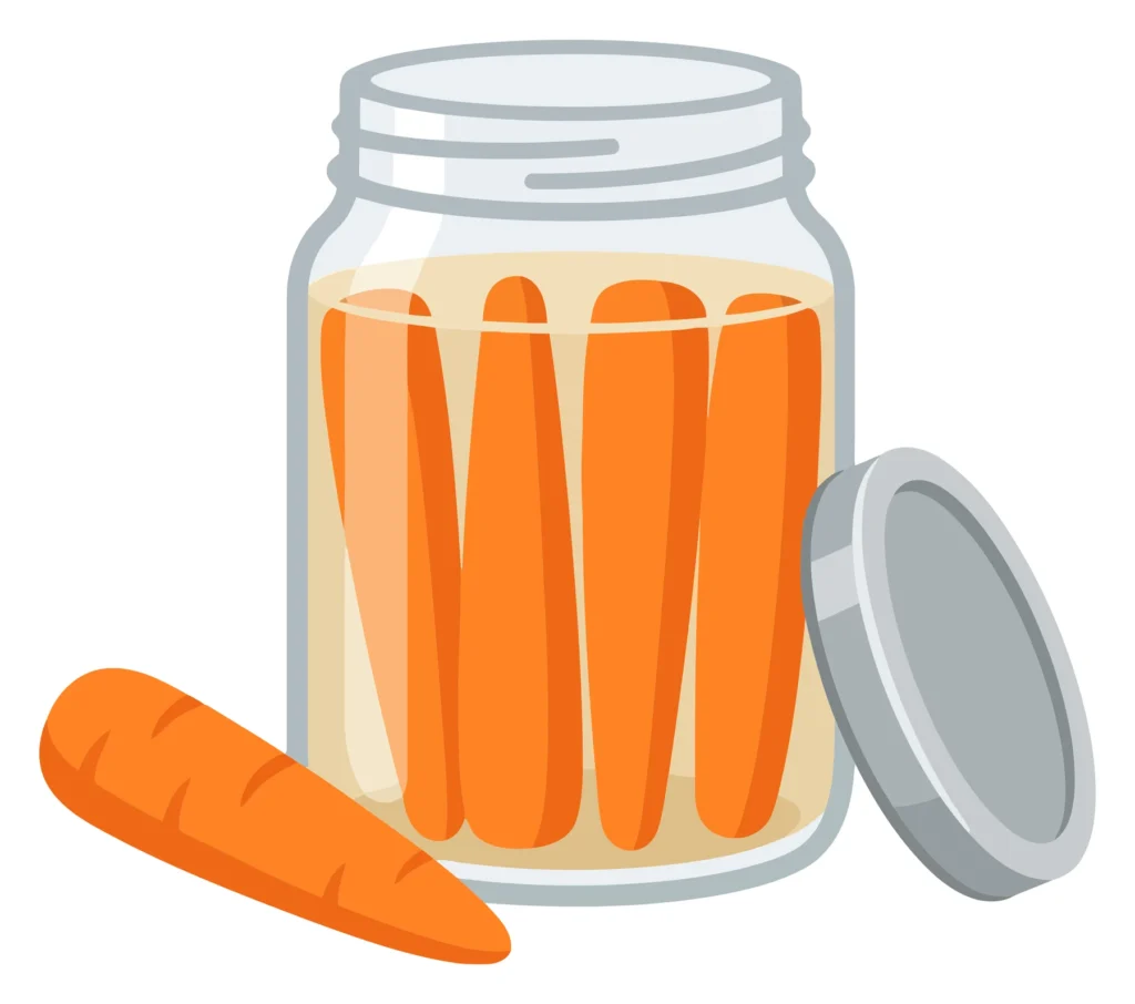 cartoon illustration of a glass jar filled with pickled carrots and a fresh carrot lying next to it, vector graphic design element for food
