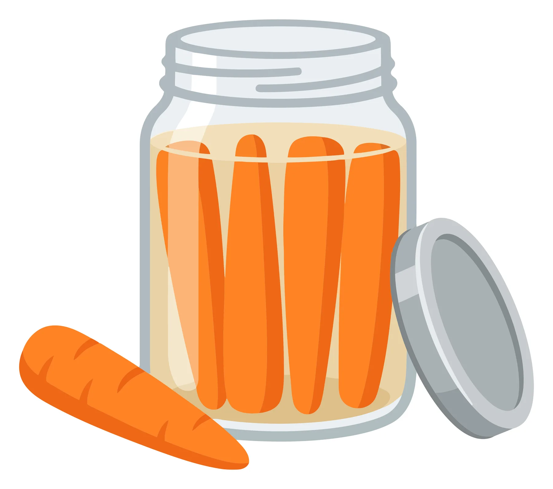 cartoon illustration of a glass jar filled with pickled carrots and a fresh carrot lying next to it, vector graphic design element for food