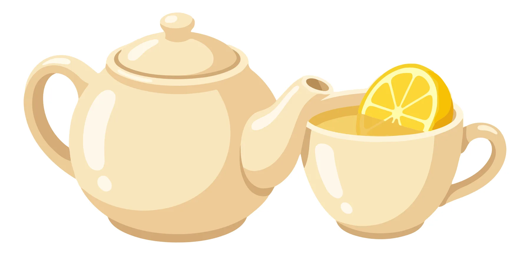 ceramic teapot and a cup of tea with a slice of lemon isolated on white background